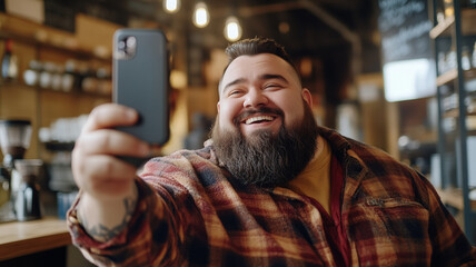 copy space, stockphoto, male succesful influencer, obese man taking a selfie while drinking coffee in a coffee bar. Body inclusive theme, acceptance of different people. A man with overweight