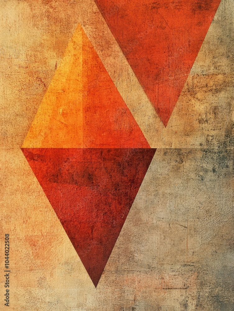 Poster warm-toned triangular shapes are arranged asymmetrically on a textured background, showcasing a bold
