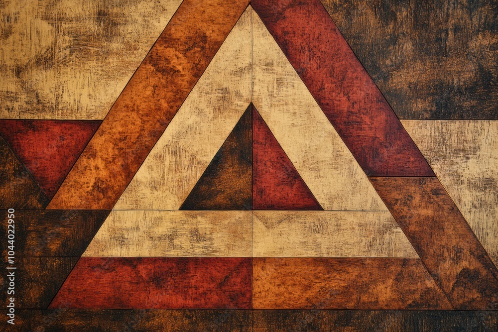 Leinwandbilder The artwork features an arrangement of asymmetrical triangular shapes in earthy colors on a textured background, evoking depth and interest. Generative AI