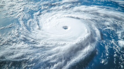 A massive hurricane rotates over the ocean showcasing its impressive cloud formation and eye