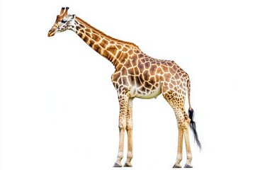 Fototapeta premium A giraffe is prominently displayed in the center, highlighting its long neck and distinctive coat patterns. The animal appears calm against a plain backdrop.