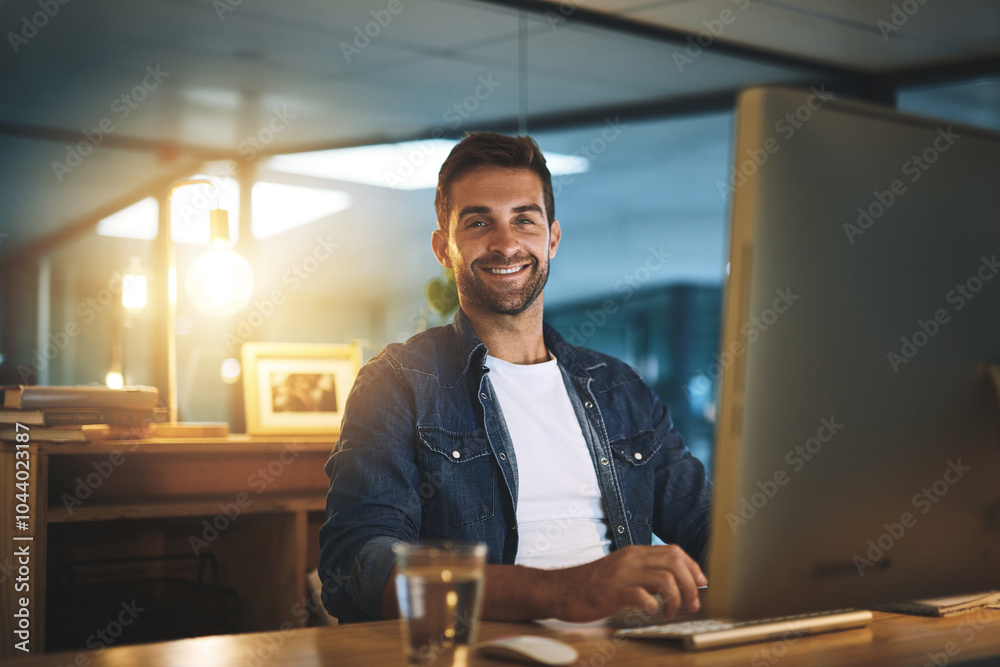 Aufkleber Computer, night and portrait of man in office for software development and data analytics of system. Reading, technology and male IT specialist working overtime with online firewall configuration.