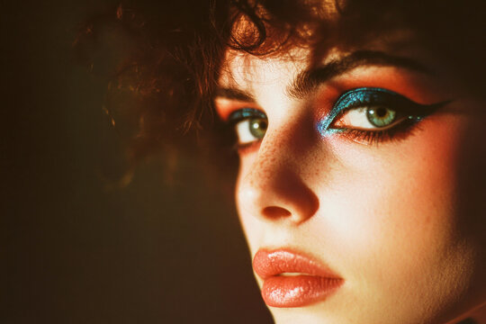 Close-up portrait of a female with 80s vibrant eyeshadow and curly hairstyle captured on 35mm film