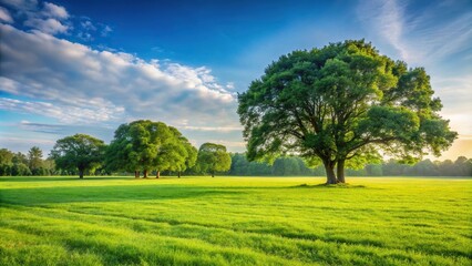 Obraz premium Scenic landscape with grass and tall trees reflected in water