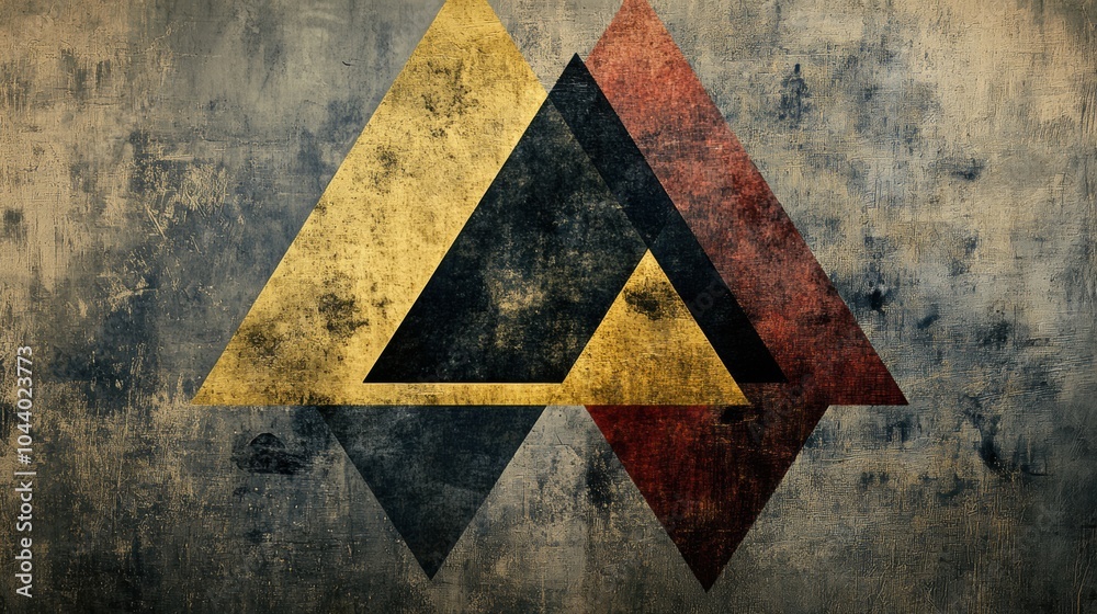Poster The artwork features bold, asymmetrical triangular forms arranged against a weathered, textured backdrop. Generative AI