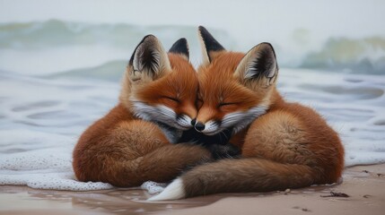 Wild baby red foxes cuddling at the beach, June 2020, Nova Scotia, Canada