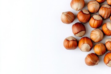 Fototapeta premium A collection of hazelnuts is displayed prominently against a clean white background, emphasizing their rich brown color and shiny shell.