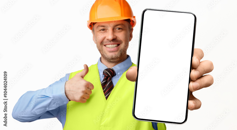 Poster Construction Worker Showing Smartphone Empty Screen Gesturing Thumbs-Up, Recommending Architectural And Building Services On White Background. Selective Focus