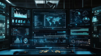 Obraz premium Futuristic Digital Interface Modern Data Screen with Global Indicators, Data Streams, and Complex Forecasting Models