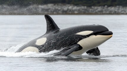 Obraz premium Orca breaching the water's surface in a natural habitat.