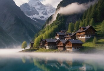 Fototapeta premium A small mountain village with mountains in the background