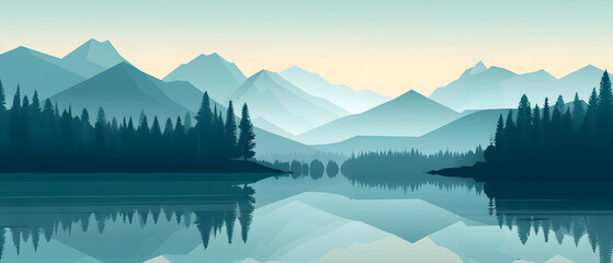 A flat vector illustration depicting the silhouette of mountains and forests, with a lake in front of them, a light blue sky with a touch of fog at sunrise.