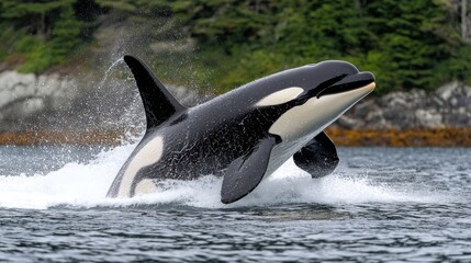 Obraz premium Orca breaching the water, showcasing its power and grace.