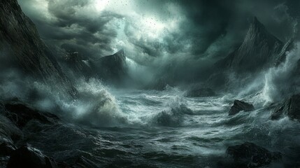 Fototapeta premium Massive waves crash violently against the jagged rocks amid an approaching hurricane