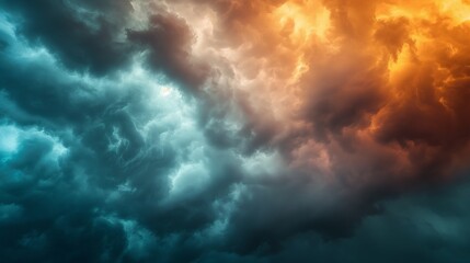 Dramatic weather sky with contrasting storm clouds in blue and orange hues