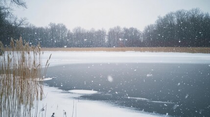 Wind swept snow creates patterns on the surface of a frozen lake under gray winter skies