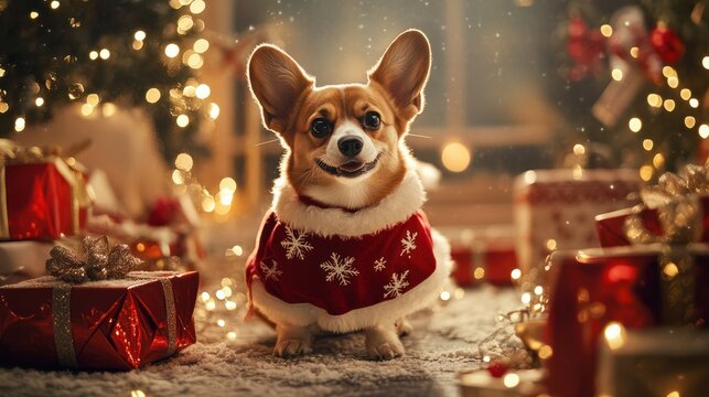 A heartwarming scene of a pet dressed in festive attire, surrounded by twinkling lights and presents. Promote responsible pet ownership during holidays and beyond
