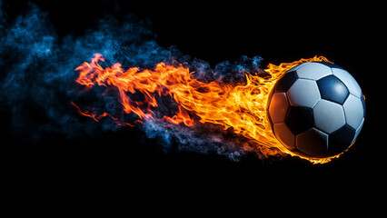 Naklejka premium Soccer ball on fire with smoke, isolated black background. Concept of sport competition or festival celebration. 