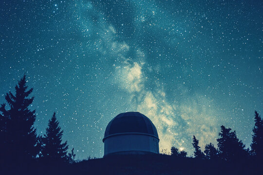 Silhouette of a dome observatory beneath the expansive Milky Way in a starry night sky