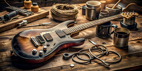 A beautifully aged electric guitar rests on a rustic workbench surrounded by tools, ropes, and...