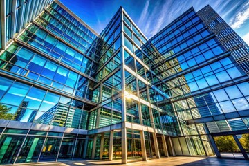 Naklejka premium Modern Office Building Facade with Glass and Steel Elements in Urban Setting