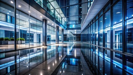 Obraz premium Modern Office Interior Night Photography with Glass Corridors and Reflective Floors