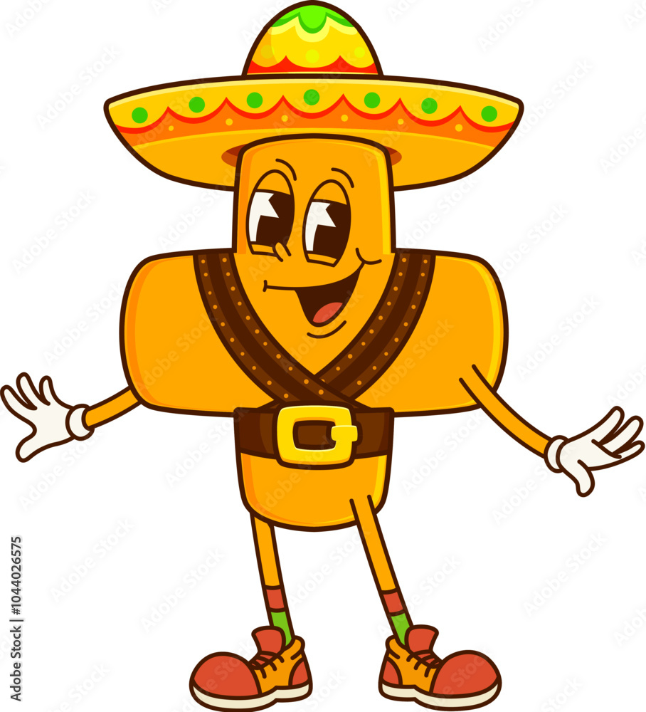 Poster cartoon groovy cowboy and bandit math plus sign character wearing a sombrero hat. isolated vector pl