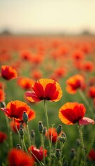 Close-up of red poppy flowers in a vibrant field during golden hour, basking in warm sunlight copy space