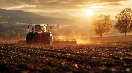 A tractor works in the field and plows the land, preparing the field for sowing, the concept - Earth Hour and caring for the future harvest, seasonal work on the farm