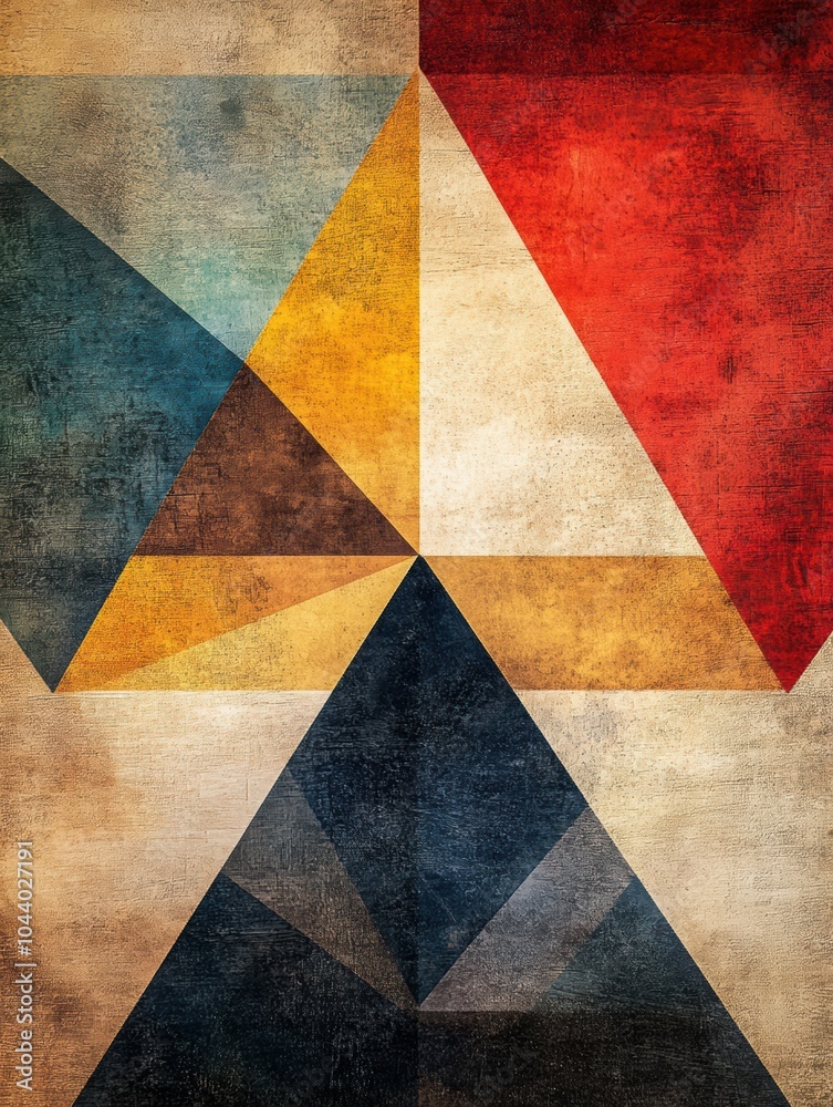Poster Brightly colored triangular shapes overlap on a textured background, showcasing an artistic arrangement that draws attention. Generative AI