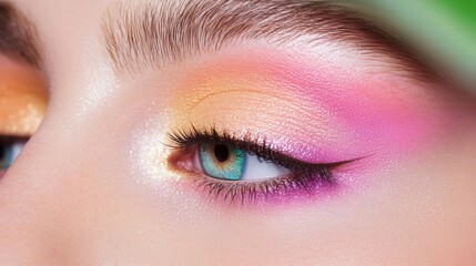 Obraz premium Close-up of a vibrant eye makeup with pink, orange, and yellow shades, highlighting blue eyes and perfectly arched eyebrows.