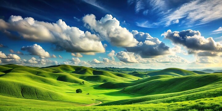 Scenic landscape with rolling green hills and blue sky