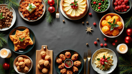 Top view of a beautifully arranged holiday feast, featuring diverse meals and festive decorations.