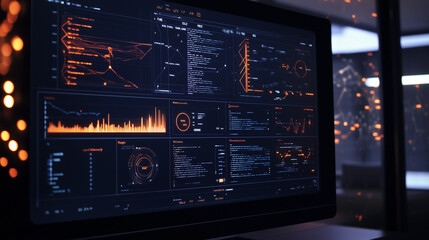 Obraz premium Futuristic Digital Interface Visualizing Modern Data Screen Global Indicators, Data Streams, and Complex Forecasting Models