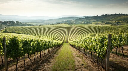 Fototapeta premium A vineyard in Tuscany, Italy, with rows of grapevines stretching into the distance. The sun shines brightly on the green leaves and the hills in the background.
