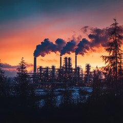 Industrial Plant Silhouette at Sunset, Air Pollution, Environmental Impact, Factory Emissions