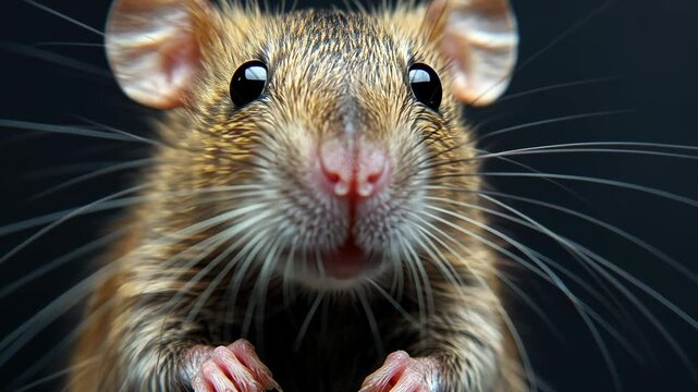 A brown rat stares directly at the camera with its whiskers extended