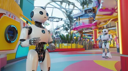 Robotic entertainment performers in a futuristic theme park, Modern industrial style, photo of