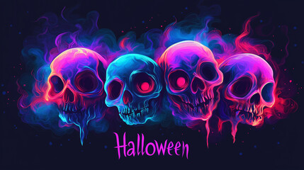 Three Glowing Neon Skulls on a Dark Background, Perfect for Halloween-Themed Decorations and Digital Designs with a Spooky Twist