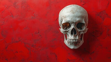 A human skull sits against a vibrant red background, creating a stark contrast.