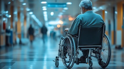 Obraz premium Senior man in wheelchair in hospital corridor.