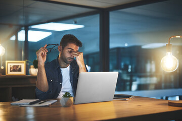 Business, man or laptop with headache of eye strain for burnout, online trading or overworked on...
