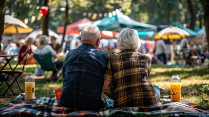 Obraz premium An elderly couple facing away from the camera immersed in conversation as they sit on a picnic blanket surrounded by colorful tents . .
