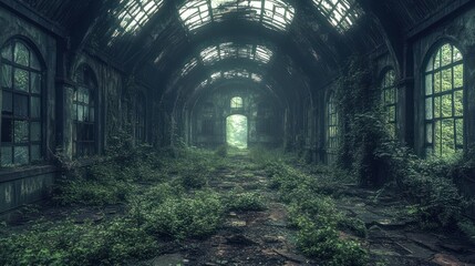 Obraz premium Overgrown interior of an abandoned building with light streaming in from the end of the hallway.