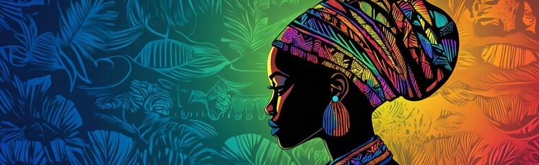 Vibrant Afrocentric Portrait: Colorful Silhouette with Tribal Headwrap and Tropical Leaf Background