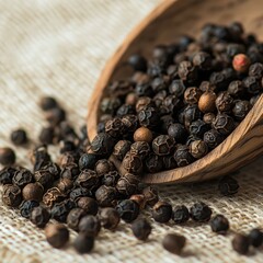 Black peppercorns spilling from wooden scoop onto rustic fabric surface for culinary and design uses.