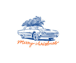 Vintage illustrations of retro car carries the Christmas tree and gifts. Happy New Year and Merry Christmas greeting card. Festive banner photo zone. Hand drawn vector art. 