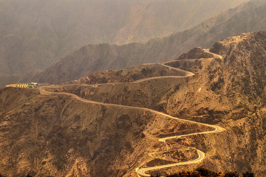 Aerial view of zigzag road in Sarawat Mountains, Saudi Arabia