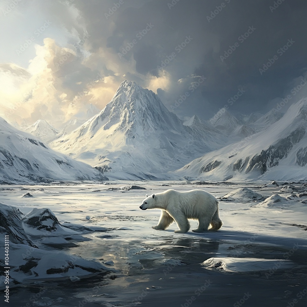 Wall mural a polar bear walks across a frozen arctic landscape with snowy mountains in the background.