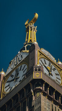 Close-up of the Royal Clock Tower building in Mecca province